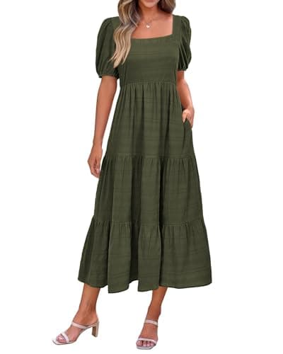 PRETTYGARDEN Womens Dresses Spring Elegant Short Sleeve Square Neck Smocked Loose Fit Plain Maternity Dress with Pockets(Army Green,XX-Large) - Image 1
