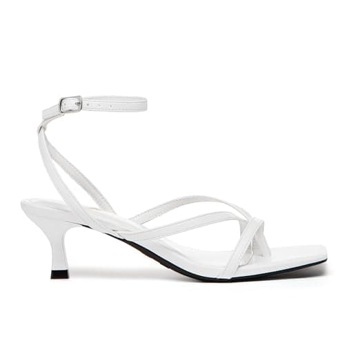 Athlefit Kitten Strappy Heels for Women Square Open Toe Low Heel Sandals Ankle Strap White Sexy Party Wedding Dress Shoes Size 8.5 - Thumbnail 3