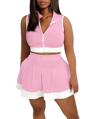 ABKY Tennis Outfits Golf Skirt Sets Women 2 Piece Outfit Zipper V Neck Crop Top and Pleated Mini Skirt Set Summer Tracksuits Pink 2XL
