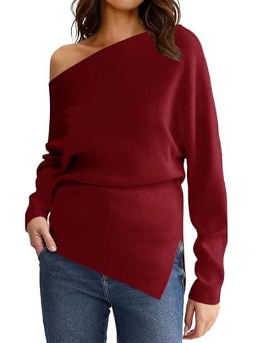 Saodimallsu Womens Off One Shoulder Sweaters Long Sleeve 2025 Casual Fall Pullover Knit Tops Burgundy - Image 1