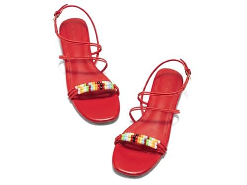 Coutgo Womens Strappy Flat Sandals Open Toe Lace Up Beaded Gladiator Flats Ankle Strap Summer Beach Shoes, Red, Size 7 - Image 1