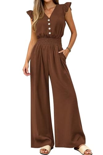 dowerme Women's Jumpsuits Dressy Casual 2026 Summer Ruffle Cap Sleeve V Neck Button Smocked Rompers Wide Leg Overalls(Brown,Large) - Image 1