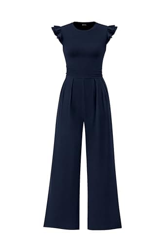 PRETTYGARDEN Summer Jumpsuits for Women Dressy 2025 Fashion Ruffle Cap Sleeve Romper Crew Neck Rib Knit One Piece Outfits (Navy,Small) - Image 1