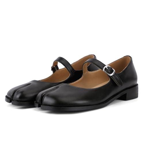 VOZTOLLS Tabi Shoes Mary Janes Ballet Flats for Women Split Toe Wide Width Ankle Buckle Strap Dress Casual Pumps Low Heel Comfortable Shoes Black Matte Size 6 - Image 1