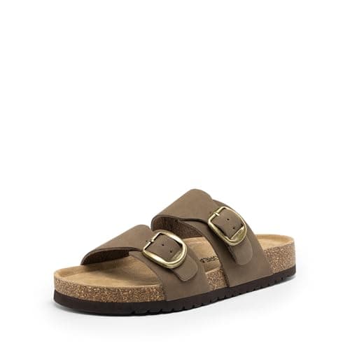 DREAM PAIRS Women's Slides Soft Genuine Footbed Sandals Comfortable Adjustable Double Buckle Slip-on Flat Sandals with Arch Support Frame Dual Slippers for Summer 2026,Size 9.5,Brown,SDSS26004W - Image 1
