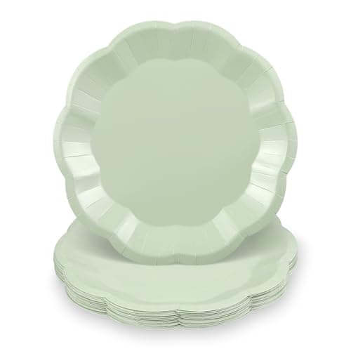 NatNarr 30 Pcs Sage Green Paper Plates, 7 Inch Scalloped Easter Plates Small Dessert Cake Plate Cute Party Plate Disposable Sage Greens Party Supplies for Wedding, Baby Bridal Shower, Birthday - Image 1