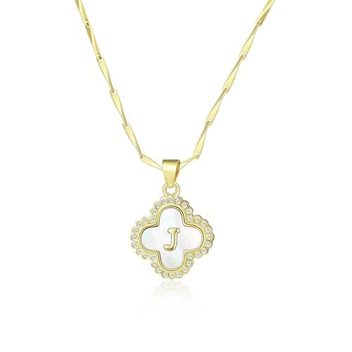 LETFLY Four Leaf Clover Initial Necklaces for Women, 14K Gold Plated Natural Shells Clover Letter Pendant, Alphabets J Necklace Jewelry Gifts for Women - Image 1