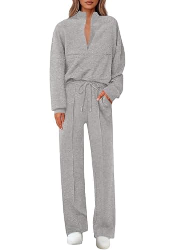 Lazysmile 2 Piece Sets For Women Lapel Half Zip Sweatshirt and Wide Leg Long Pants Sweatsuit Lounge Sets Workout Sets - Image 1