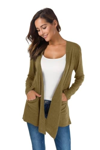 TownCat Womens Lightweight Cardigans Long Sleeve Open Front Casual Cardigan with Pockets (Khaki, XL) - Thumbnail 2