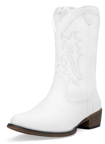 Jeossy Women's White Cowboy Boots, Western Cowgirl Mid-Calf Pull on Round Toe Embroidered Country 9806 Boots with Zipper Size 8 (DJY9806 white 08) - Image 1