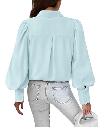 BTFBM Women Fashion Button Down Shirts 2026 V Neck Boho Printed Long Sleeve Blouses Dressy Casual Spring Fall Tops(Solid Light Blue, Large) - Thumbnail 5