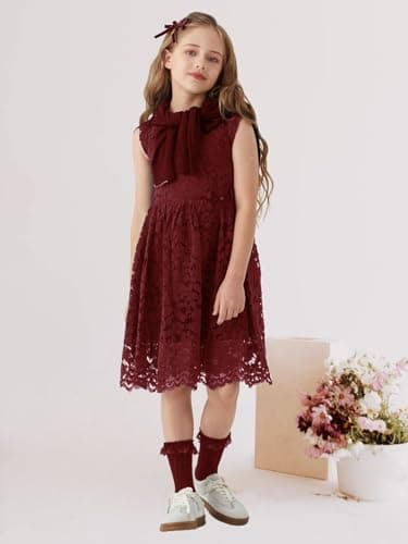 ALLOVIN Girls & Toddlers Sleeveless A-Line Lace Party Dress Birthday Wedding & Flower Girl Dress with Beaded Bowknot | Burgundy | 8-9Y - Thumbnail 3