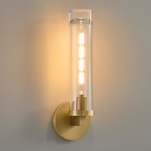 Modern Crystal Brass Gold Sconce: 14.5” Vintage Bathroom Sconce With Bulb - Clear Crystal Glass Tube Hardwired Mirror Vanity Light- Luxury Antique Indoor Brushed Gold Wall Lamp for Bedroom Living Room - Image 1