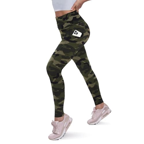 QGGQDD Womens Fleece Lined Leggings with Pocket - Soft Tummy Control High Waisted Winter Thermal Warm Yoga Pants for Workout Hiking Pkt-Green Camo Small-Medium - Image 1