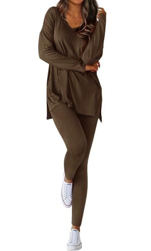 BTFBM Two Piece Sets for Women 2026 Casual Lounge Set Matching Oversized Shirts Leggings Workout Airport Travel Outfits(Dark Brown, Small) - Image 1