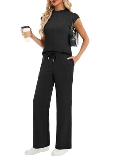 Casly Lamiit 2 Piece Sets for Women Fashion 2026 Lounge Vacation Travel Outfits Summer Cap Short Sleeve Airport Matching Pant Sets Black M - Image 1