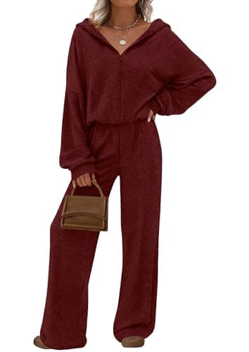 PRETTYGARDEN Women's 2 Piece Fall Lounge Sets 2026 Zip Up Hoodie Wide Leg Tracksuit Spring Matching Travel Outfits Clothes (Burgundy,Small) - Image 1