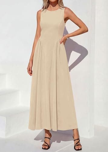 KIRUNDO Wedding Guest Dresses for Women 2026 Summer Semi Formal Work Sleeveless Elegant Boat Neck Flowy A Line Maxi Dress(Beige, Large) - Thumbnail 2