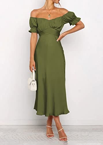 KIRUNDO Women's 2026 Spring Summer Satin Wedding Guest Midi Dress Off The Shoulder Wrap Party Cocktail Formal Prom Dresses(Army Green, Small) - Thumbnail 3