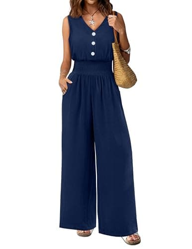 LOOKBOHO Women Beach Jumpsuit Summer Wide Leg Sleeveless V Neck Casual Dressy Pants Rompers Travel Vacation Outfit(NB,S) - Image 1