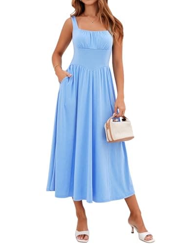 YATHON Ruched Dresses for Women Casual Summer Drop Waist Sleeveless Maxi Dress Light Blue Sundresses Midi with Pockets(YT645-Gary Blue,S) - Image 1