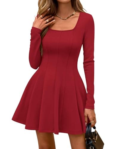 BTFBM Square Neck Dress for Women Casual Spring Long Sleeve Knit Pleated Elegant Classy 2026 Fall Cocktail Mini Dresses(Red, Medium) - Image 1