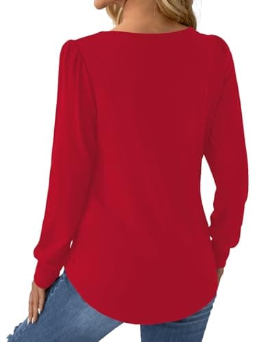 GKBK Women Long Sleeve Shirts Fall Tops Dressy Pleated Scooped Neck Tunic Tops for Leggings Red L - Thumbnail 5