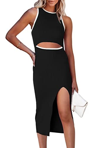 PRETTYGARDEN Women's Summer Midi Bodycon Dresses Casual Crew Neck Side Slit Sleeveless Knit Cut Out Tank Top Dress (Z-Black,Small) - Image 1
