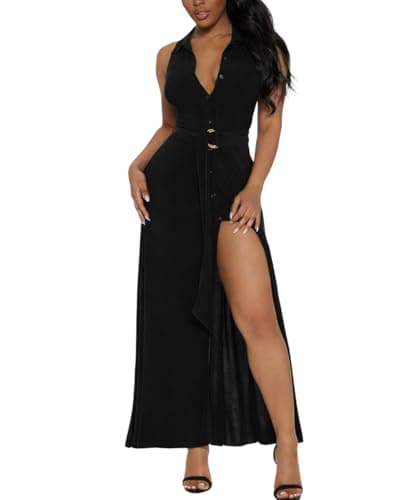 Deep V Neck Button Down Dress for Women Sleeveless Collared High Split Long Shirt Dresses Cocktail Wedding Party Maxi Dress Black M - Image 1