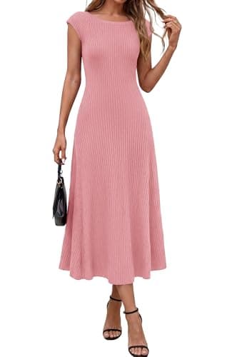 BTFBM Womens Spring Dresses 2026 Asymmetrical Neck Short Sleeve Pleated Swing Knit Midi Dress Business Casual(Pink, Medium) - Image 1