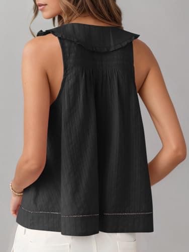 Womens Peter Pan Collar Sleeveless Shirt Summer Eyelet Cotton Button Down Tank Tops Casual Ruffle Flowy Blouse Vest Black - Thumbnail 4