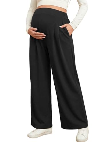 BLENCOT Women Maternity Work Pants Elastic High Waist Dressy Casual Stretchy Trousers Straight Leg Plus Size Pregnancy Workout Long Joggers Clothes with Pockets XX-Large Black - Image 1