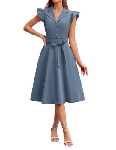 GRACE KARIN Womens Summer Midi Dress 2026 Flutter Short Sleeve Business Casual Dress Button Down Work Dresses with Pockets Dusty Blue XL - Image 1