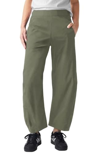 EGOCKAL Womens Elastic Waist Ankle Pants Baggy Curved Tapered Leg Barrel Travel Pants with Pockets Green - Image 1