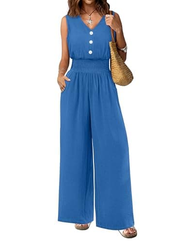 LOOKBOHO Womens Jumpsuit Summer Fashion Rompers V Neck Sleeveless Dressy Casual Wide Leg Pants Cute Classy Outfits(BL,XXL) - Image 1
