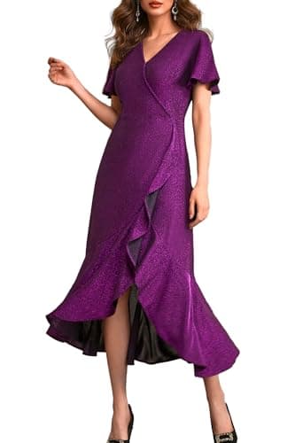 Autumn Flowerwall Women Wedding Guest Dress Lustrous Knit Sparkle Purple Medium V Neck Flutter Sleeve Cocktail Dress A-Line Formal Party Gowns Evening Party Elegant Slit Dress - Image 1