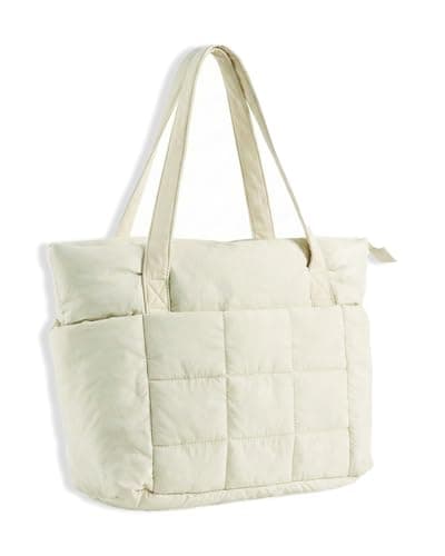U+U Puffer Tote Bag for Women, Quilted Work Tote with 16" Laptop Sleeve, Luggage Sleeve & Yoga Mat Strap for Travel Gym School,Cream - Image 1