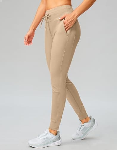 SANTINY Women's Fleece Lined Joggers with Pockets Slim Fit Ski Pants Winter Warm Leggings Hiking Running Gear (Khaki_M) - Thumbnail 2