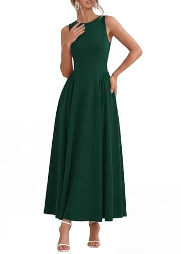KIRUNDO Wedding Guest Dresses for Women 2026 Summer Semi Formal Work Sleeveless Elegant Boat Neck Flowy A Line Maxi Dress(Dark Green, Large) - Image 1