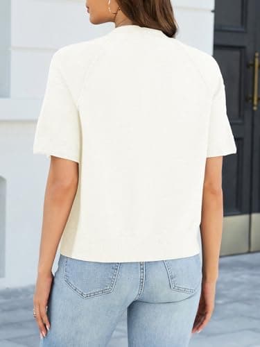 SkoinvbWomen's Short Sleeved Cardigan Sweater Round Neck Buttons Short Knit Top Cut Casual Ribbed Hem Pullover White S - Thumbnail 5