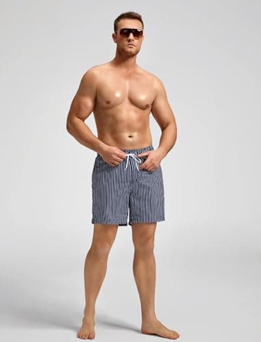 SILKWORLD Men's Swim Trunks with Mesh Lining Quick Dry Swimwear Bathing Suits, Navy Blue Stripes, Large - Thumbnail 3