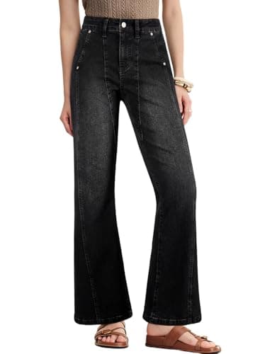 Astylish Women's Spring Slanted Pocket Wide Leg Jeans Casual Baggy High Waisted Stretchy Boot Cut Denim Pants Black 14 - Image 1