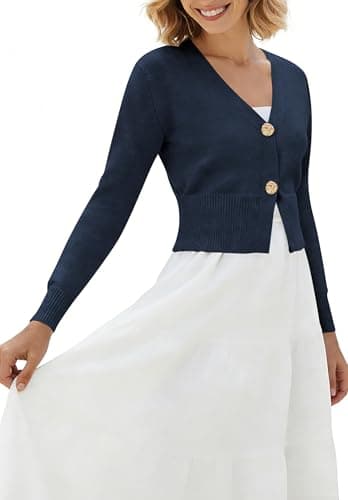 V Neck Cropped Cardigan Women’s Button Down Knit Sweater with Gold Detail for Stylish Layering Looks Navy XL - Thumbnail 5