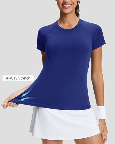 Stelle Women Seamless Workout Shirts Short Sleeve Athletic Top Yoga Gym Running T-Shirts(Navy,M) - Thumbnail 5