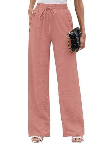 Heymoments Women Wide Leg Pants Pink Large High Waist Loose Casual Pants Adjustable Tie Knot Belted Long Straight Trousers with Pockets - Image 1