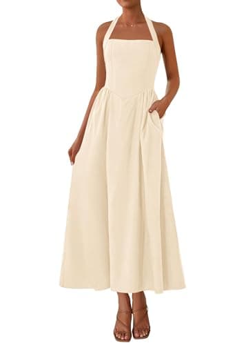 KIRUNDO Summer Dresses for Women 2026 Halter Maxi Wedding Guest Party Cocktail Semi Formal Elegant Classy Long Sundress(Beige, XX-Large) - Image 1