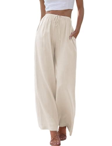 Women's Palazzo Pants Flowy High Waist Flowy Wide Leg Trousers with Pockets Cotton Khaki - Image 1