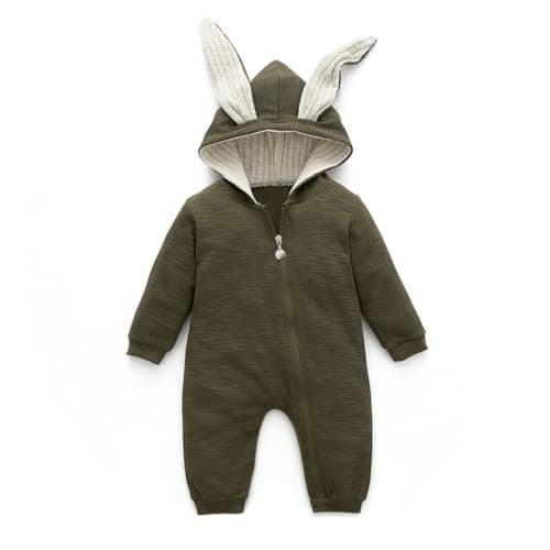 Simplee kids Animal Bunny Baby Easter Clothes Long Ear Rabbit Hoodie Romper with Zipper Army Green 2-3T - Image 1