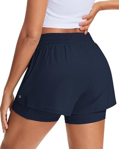 Stelle Women's 2 in 1 Running Shorts Athletic Workout Gym Shorts High Waisted Shorts with Liner Zipper Pockets (Navy, Small) - Thumbnail 2