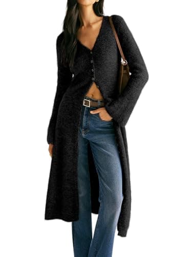 Jenisso Womens V-Neck Button Maxi Cardigan Bell Long Sleeve Open Front Split Breasted Sweater Dress Black - Image 1